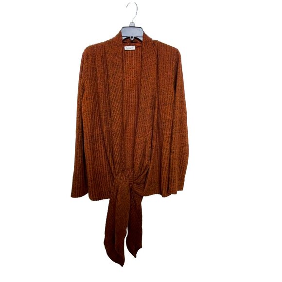 Cozy Ribbed Tie Cardigan — Rust Brown Loveapella Knit 1X - Picture 9 of 14